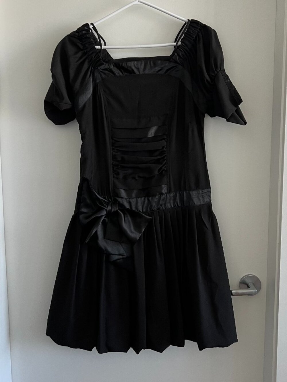 More Black Bubble Hem Dress Puff Sleeve Drop Waist Bow Mini Dress Size 6